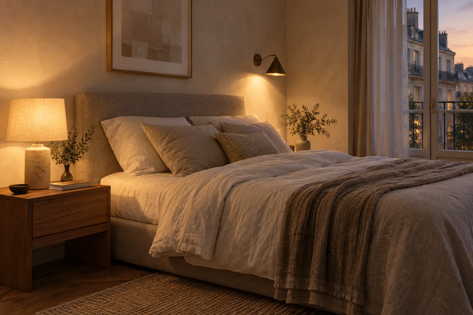 Layered bedside lighting in a calm bedroom